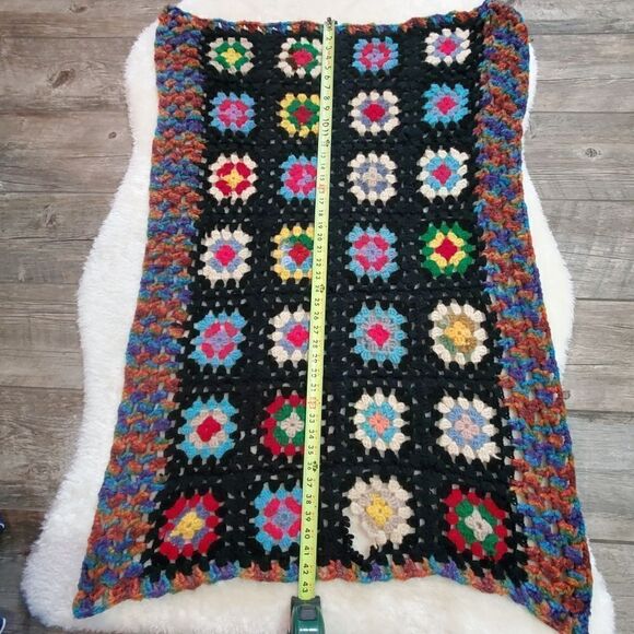 Handmade Black and Floral Afghan Lap Blanket, Approximately 30" x 42" - Picture 4 of 5